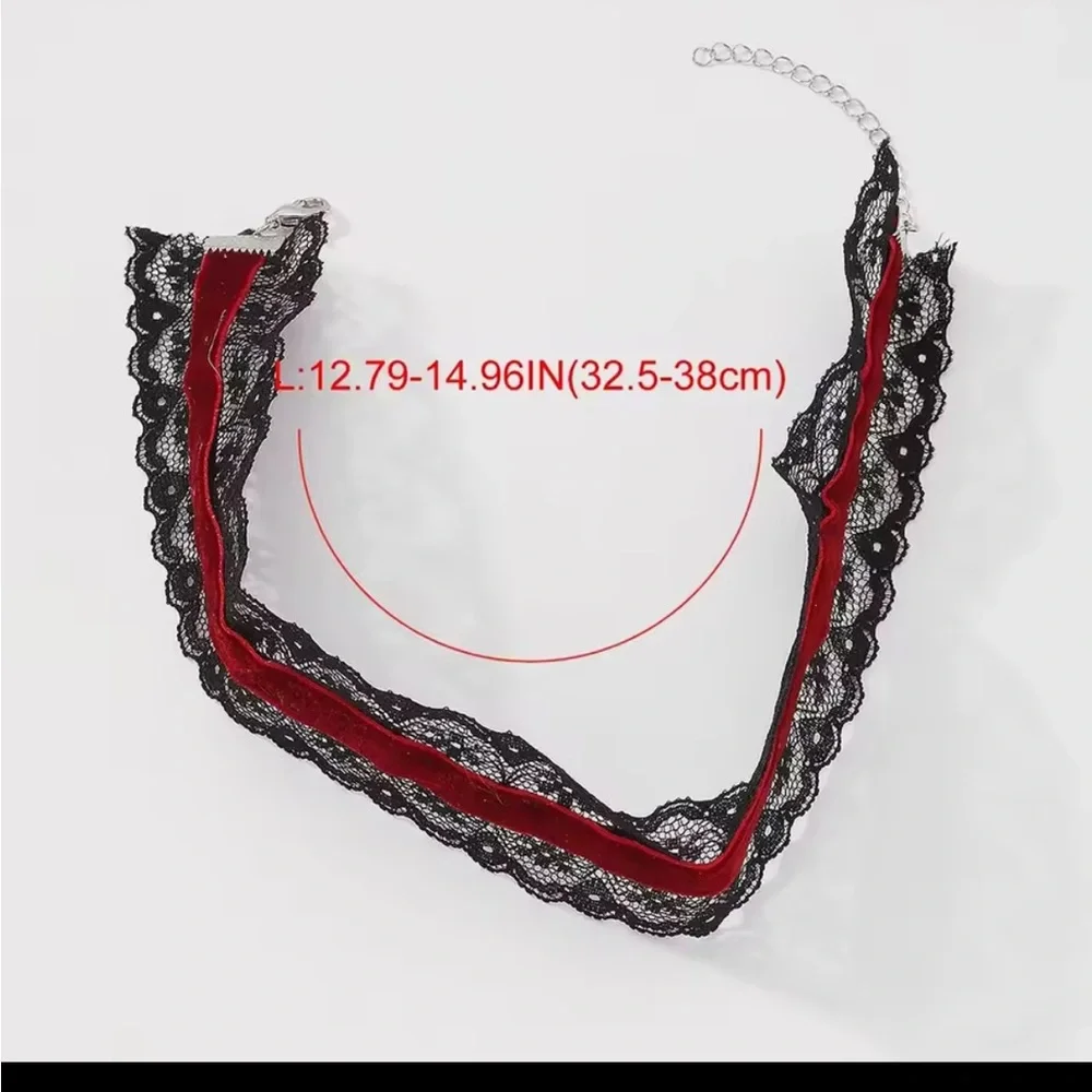 Black Lace Choker with Burgundy Velvet Ribbon - Picture 2 of 2